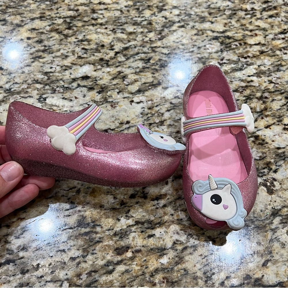 Mini Melissa Rainbow Unicorn Pink Sparkle Mary Jane Ballet Shoe, Toddler Size 7